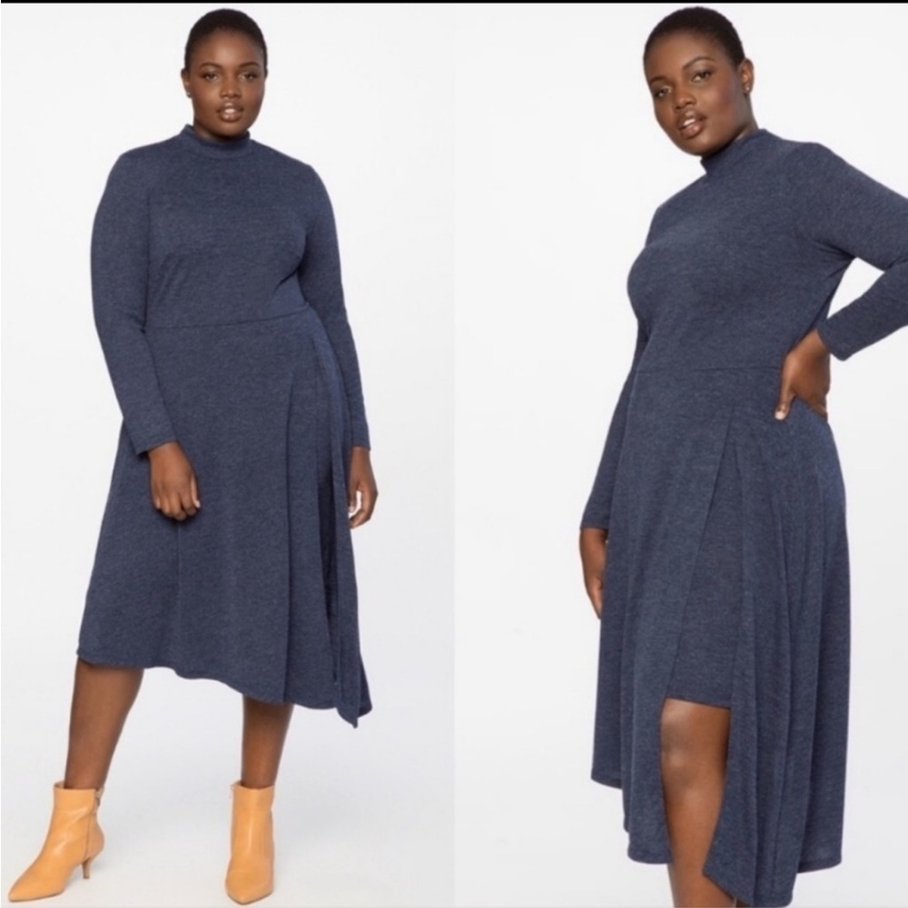 ELOQUII NWT Minimalist Heather Navy Hi Neck Knit Asymmetrical Hem Midi Dress 24